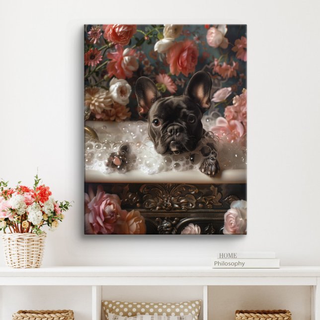Arte Bulldog francés | Frenchie en el baño de Baño (Chocolate Frenchie Art)