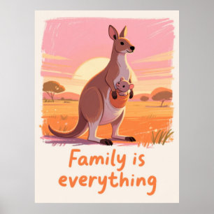 Arte cálido de la familia de canguro en la puesta 