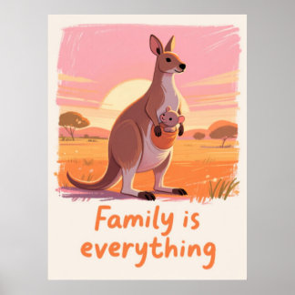 Arte cálido de la familia de canguro en la puesta 