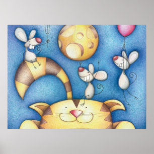 Arte caprichoso de gato y ratón lunar lindo