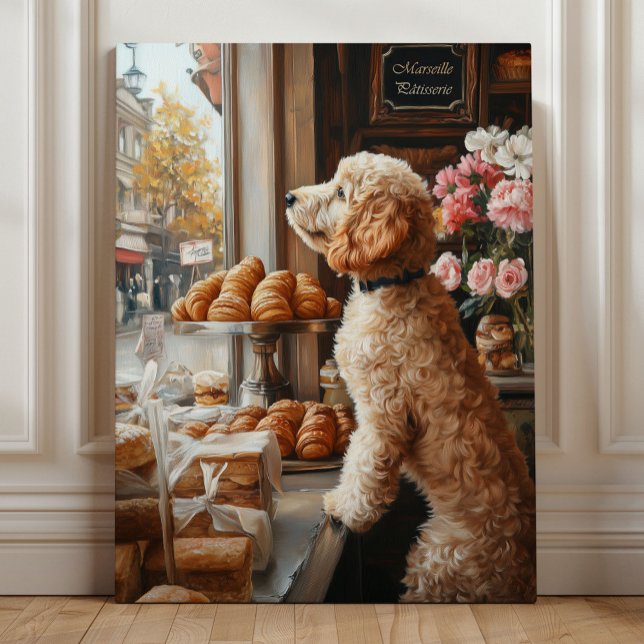 Arte Caprichoso de Goldendoodle - Panadería France (Golden Doodle at the French Bakery – Whimsical Dog Art in Parisian Café Style by Nicole Cossairt)