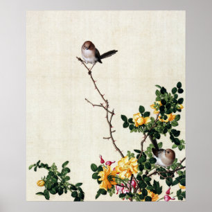 Arte Chinoiserie de Rosa Amarilla Vintage y Pájaro