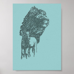 Arte clásico del poster del lápiz del león y del