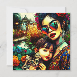 Arte colorido de mamá e hija en jardín de flores a