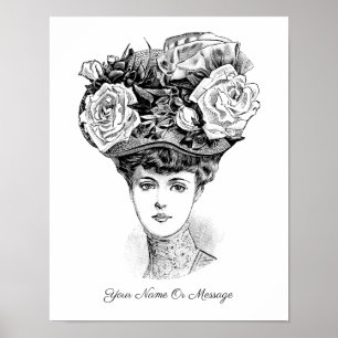Arte de 1800 de una mujer con un sombrero floral