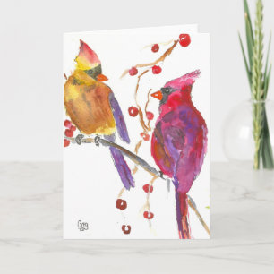 Arte de acuarela cardinal en tarjeta de nota en bl