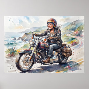Arte de acuarela de abuela en moto