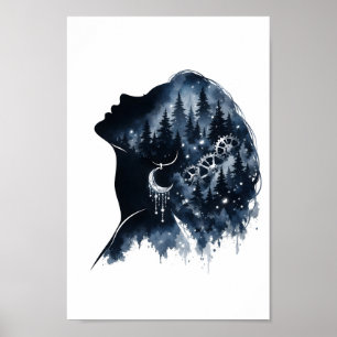 Arte de Acuarela de Mujer Silueta del Bosque Celes
