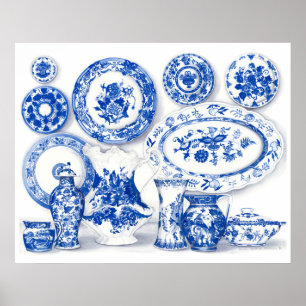 Arte de acuarela de porcelana azul