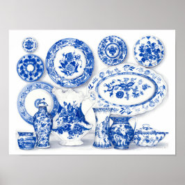 Arte de acuarela de porcelana azul