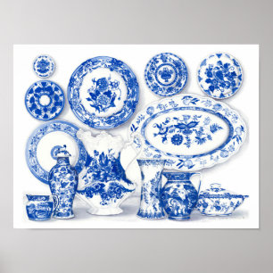 Arte de acuarela de porcelana azul