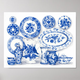 Arte de acuarela de porcelana azul
