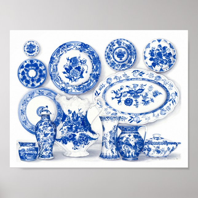 Arte de acuarela de porcelana azul (Frente)