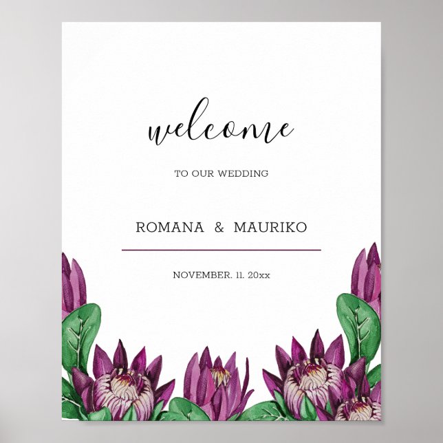 Arte de Acuarela de Protea Rey Deep Purple (Frente)