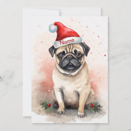 Arte de Acuarela de Pug de Navidad con Flor de Noc