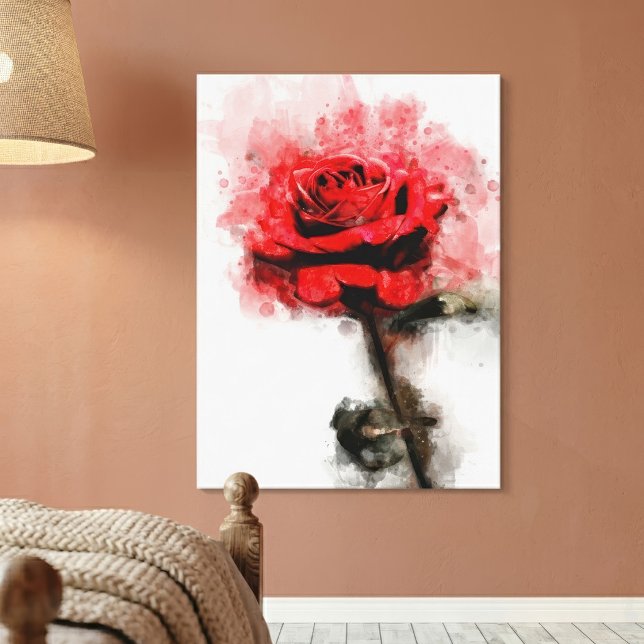 Arte de Acuarela de Rosa Roja sobre Fondo Blanco (Red Rose Watercolor Art on White Background. Canvas Print)