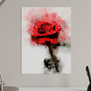 Arte de Acuarela de Rosa Roja sobre Fondo Blanco