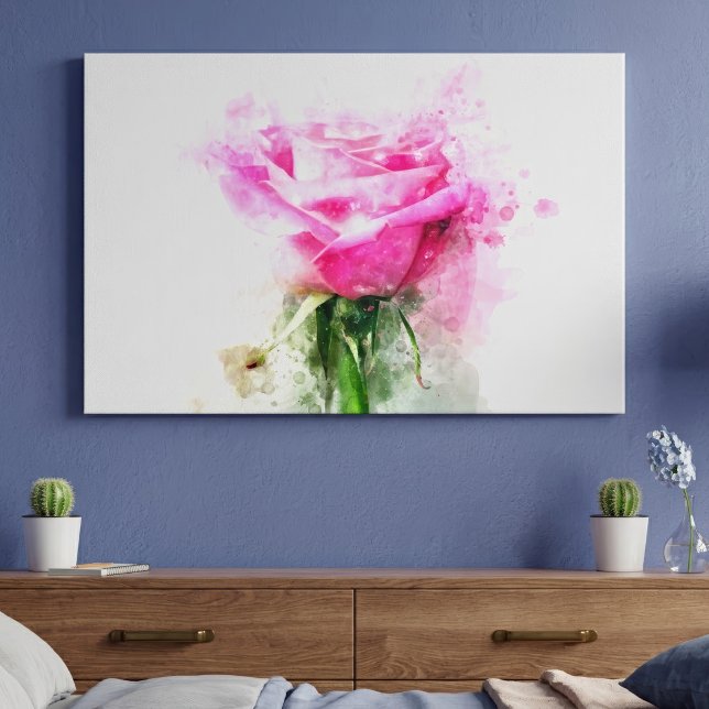 Arte de acuarela de rosa rosa sobre fondo blanco (Pink Rose Watercolor Art on White Background. Canvas Print)