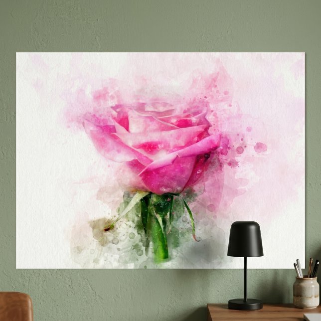 Arte de acuarela de rosa rosa sobre fondo blanco (Pink Rose Watercolor Art on White Background. Poster)