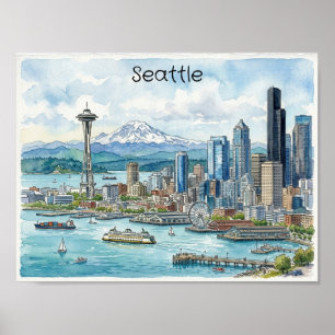 Arte de acuarela de Seattle Washington Viajes Hori