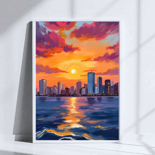 Arte de acuarela del atardecer del horizonte de la