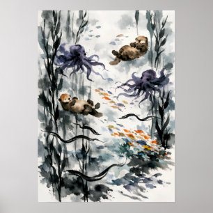 Arte de Acuarela Sumi-e del Bosque de Algas