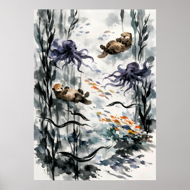 Arte de Acuarela Sumi-e del Bosque de Algas (Frente)