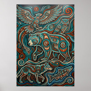 Arte de animal espiritual turquesa y rojo