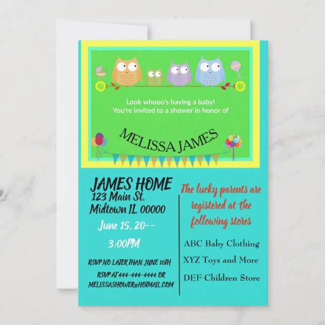 Arte de anuncio de baby shower de búho Look Whooo’ (Anverso)