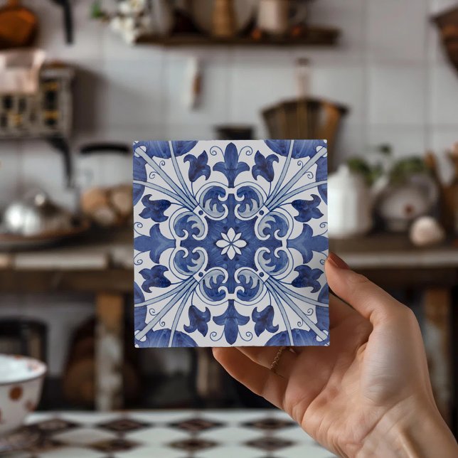 Arte de azulejos cerámicos geométricos azules y bl (Portuguese Tiles, Blue and White Decor, Lisbon Tile,
Mediterranean Decor,
Ceramic Coasters, Azulejo)