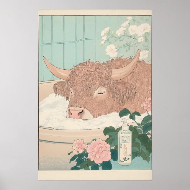 Arte de baño japonés Ukiyo-e con estampado de vaca (Frente)