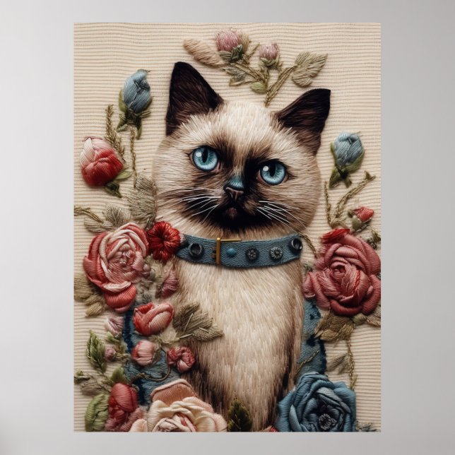 Arte de bordado 3D para gatos y Rosas siameses (Frente)