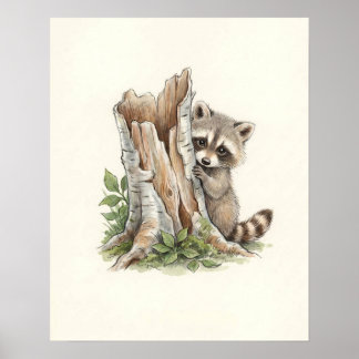 Arte de bosque de mapache curioso en acuarela