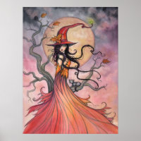 Arte de Bruja y Gato de Halloween de Magia de Otoñ
