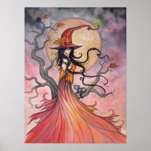 Arte de Bruja y Gato de Halloween de Magia de Otoñ