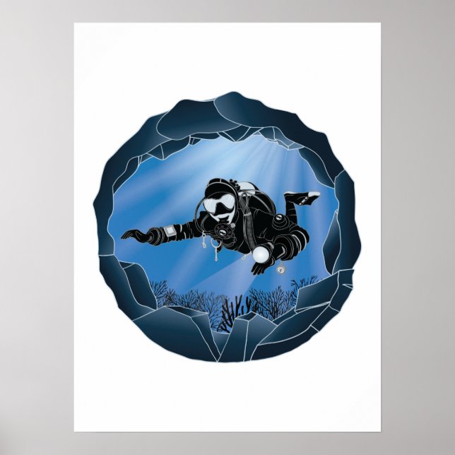 Arte de buceo en cueva - Buceador subacuático (Frente)
