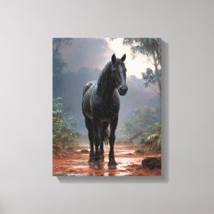Arte de caballo negro majestuoso en arroyo foresta
