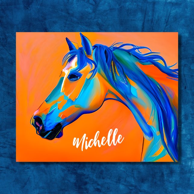 Arte de caballos con abstracción de azul y Naranja (Personalized Blue and Orange Abstract Horse Art Poster)