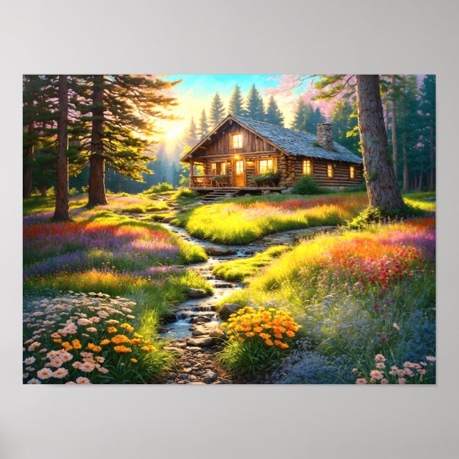 Arte de cabaña en bosque de montaña (Frente)