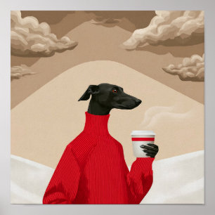 Arte de café divertido galgo negro en suéter rojo