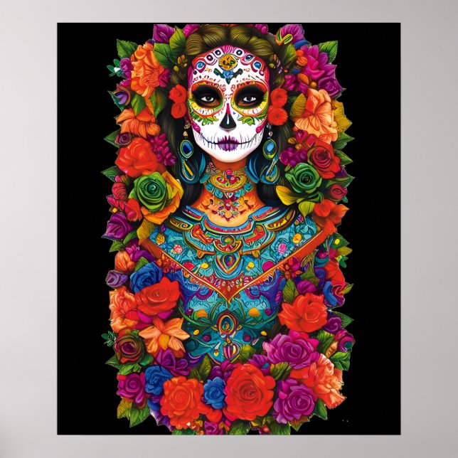 Arte de calavera de azúcar - Mujer hermosa en flor (Frente)