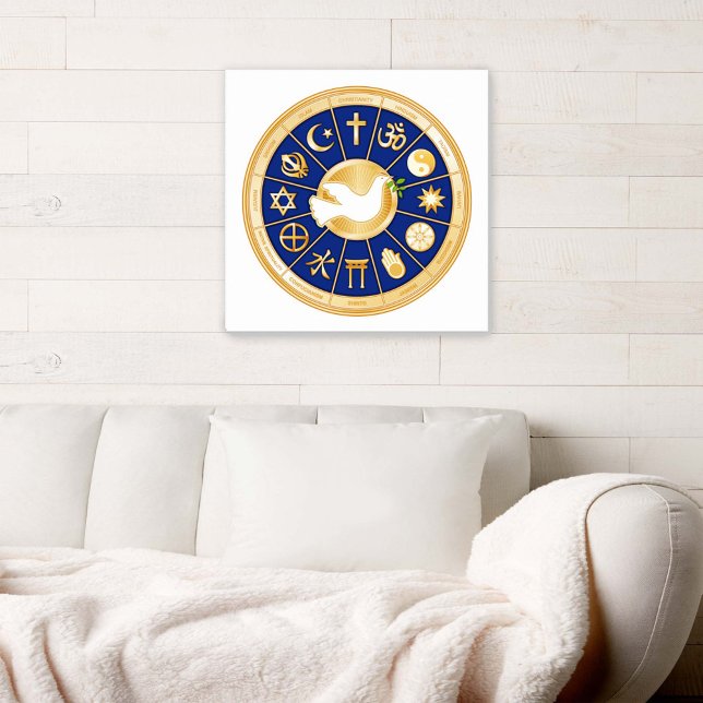 Arte de canvas de la paloma de la paz (Dove of Peace Canvas Art
Inspirational decor. Gold icons of world faiths surround the Dove of Peace.)