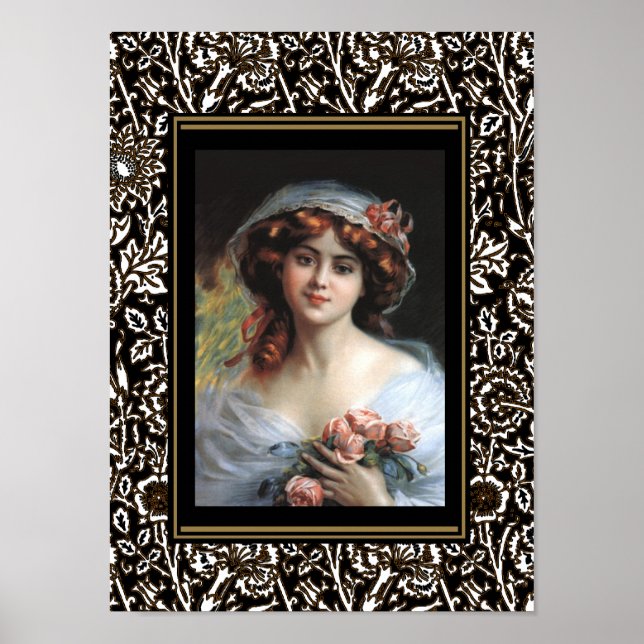 Arte de cartel dama vintage con rosas rosadas (Frente)