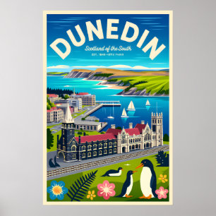 Arte de cartel de viaje retro de Dunedin Nueva Zel