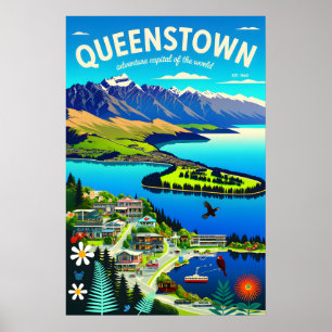 Arte de cartel de viaje retro de Queenstown Nueva