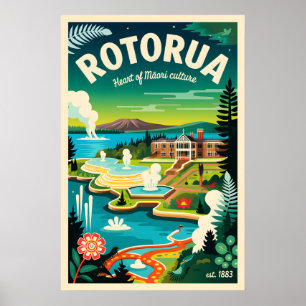 Arte de cartel de viaje retro de Rotorua Nueva Zel