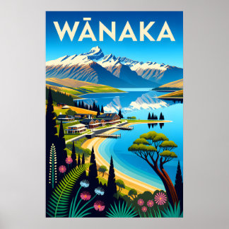 Arte de cartel de viaje retro de Wānaka Nueva Zela