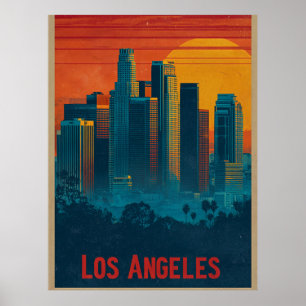 Arte de cartel de viaje retro del centro de Los Án
