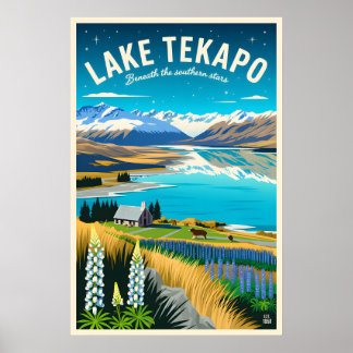 Arte de cartel de viaje retro del lago Tekapo Nuev