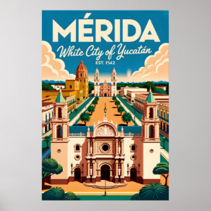 Arte de cartel retro de viaje a Mérida México